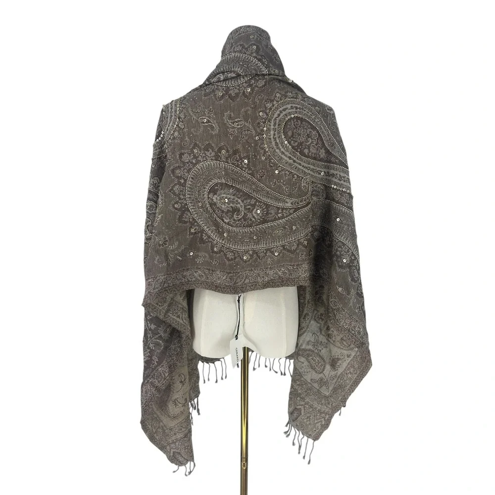 Gerard Darel Gabriella Paisley Wool Sequin Scarf Beige Taupe NWT